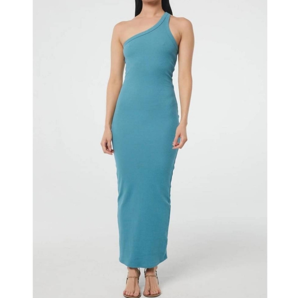 The Line By K Gael Dress in Ozone Blue Ribbed Stretch One Shoulder Midi Sz Large